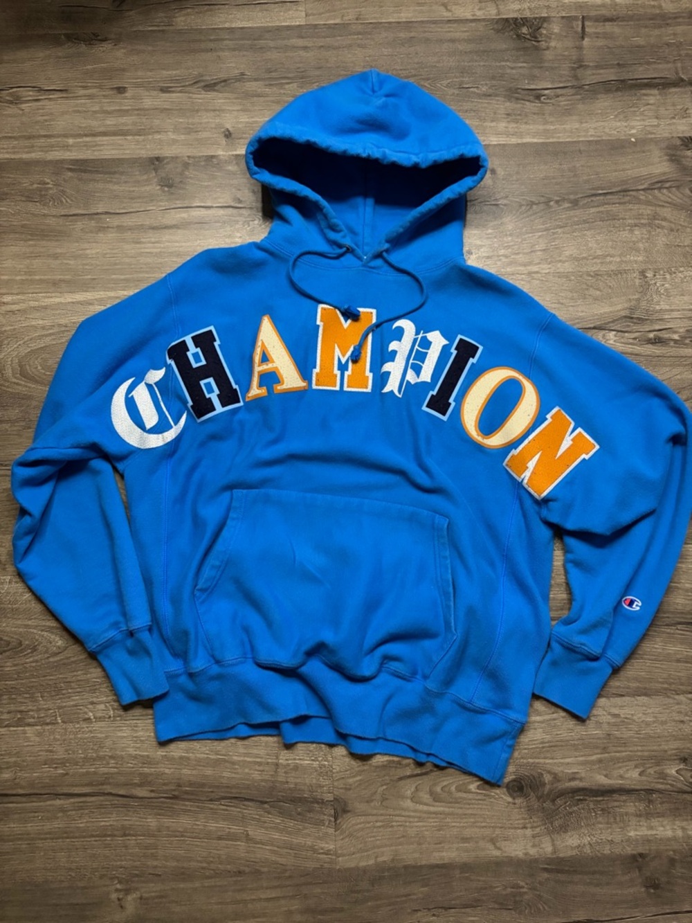 Early 2000s Reverse weave  Bright Blue Pullover Hoodie with Orange Lettering